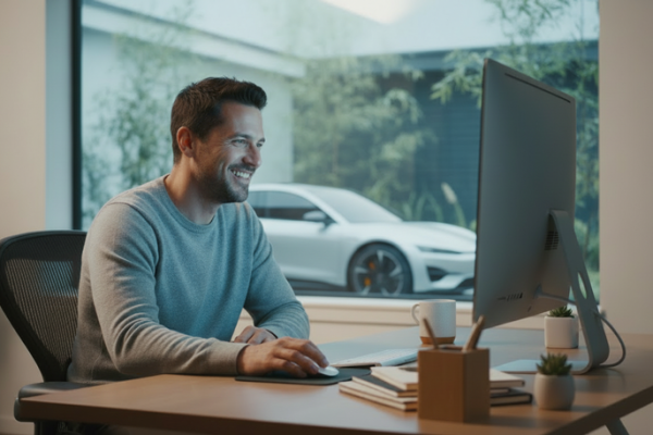 Glimlachende man kijkt naar laptopscherm.